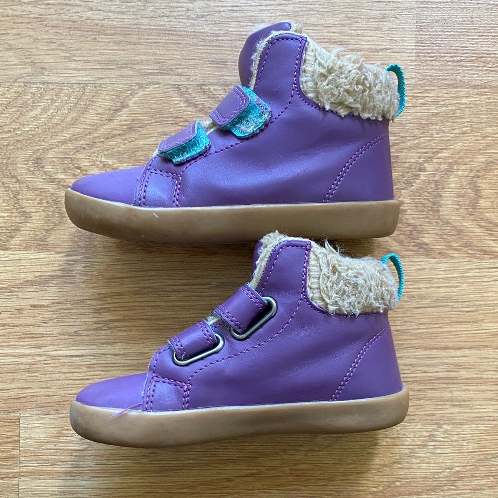 Kids Purple Faux-Fur Trim High-Top Boots with Hook-and-Loop Straps